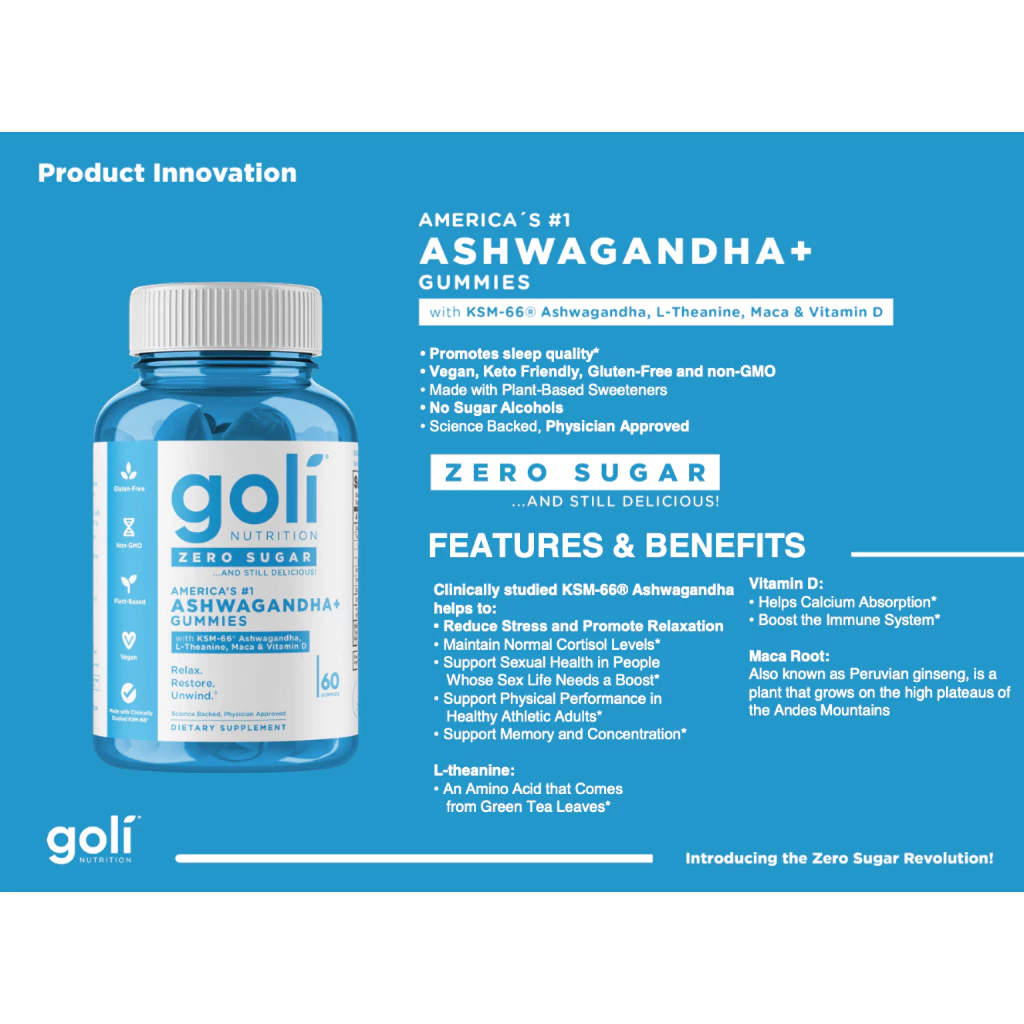 Goli Zero Sugar Ashwagandha+ Gummies features and benefits