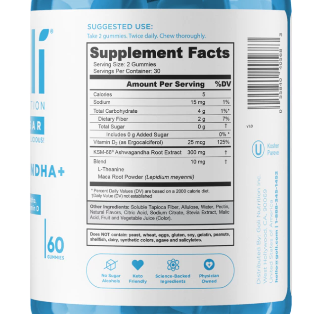 Goli Zero Sugar Ashwagandha+ Gummies nutrition information