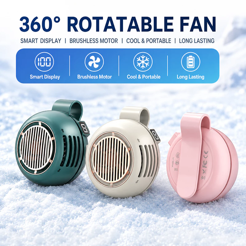 Mini clip fan with 360-degree rotation and a digital display