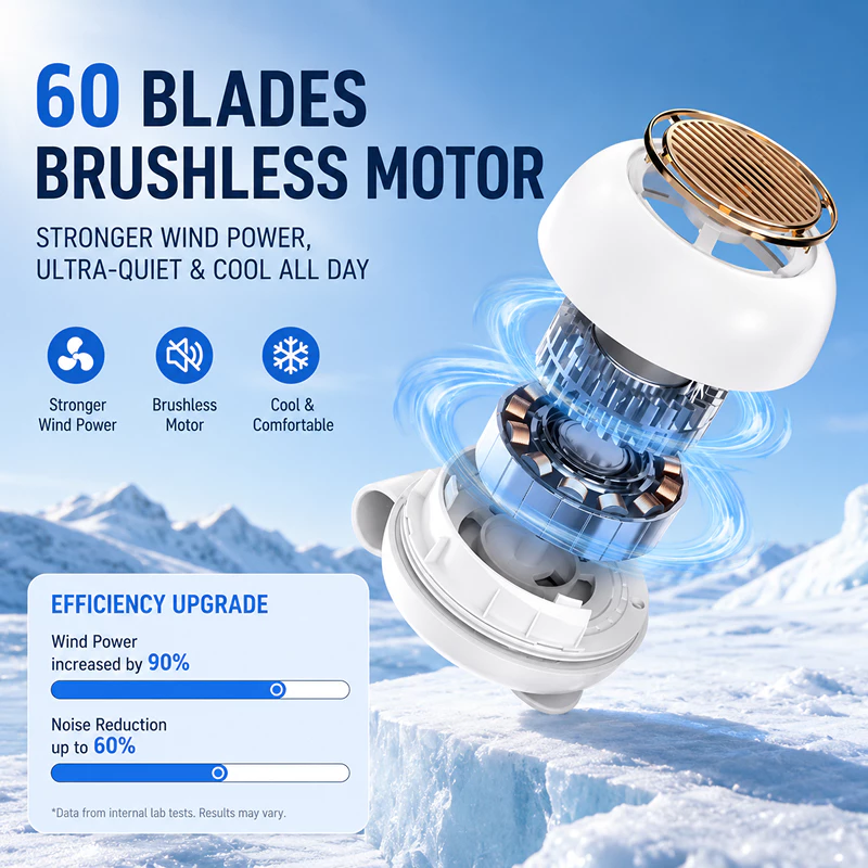 Mini clip fan listing image describing its 60-blade brushless motor