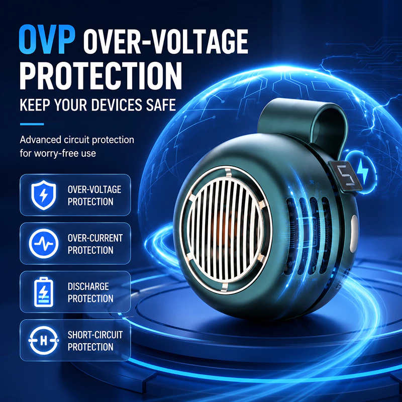 Mini clip fan listing image describing overvoltage protection