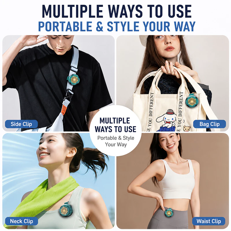 Mini clip fan shown for handheld, waist-clip and neck-hanging use