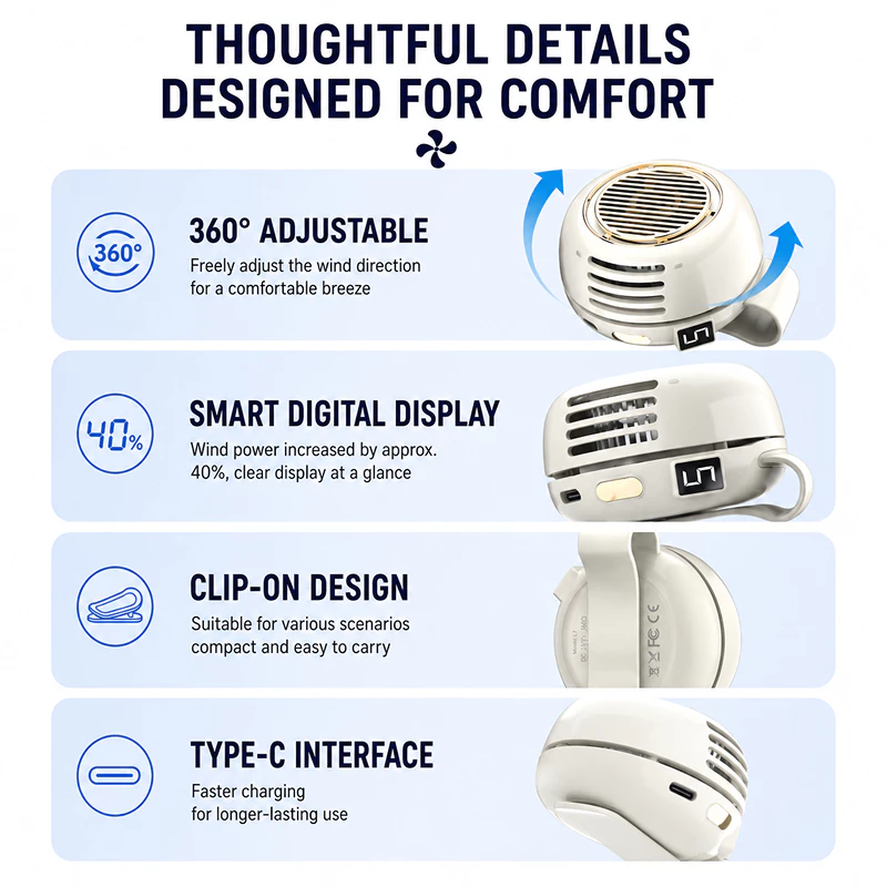 Mini clip fan product details and controls