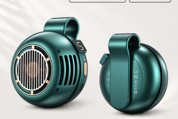 Mini clip fan shown from the front and back, with digital display and 1,000 mAh capacity