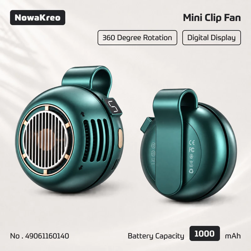 Mini clip fan shown from the front and back, with digital display and 1,000 mAh capacity