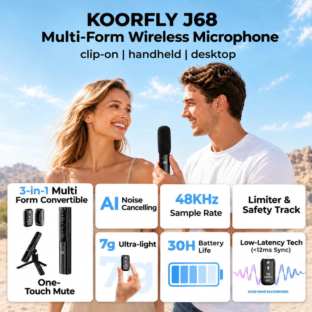 KOORFLY J68 wireless microphone with 3-in-1 recording modes