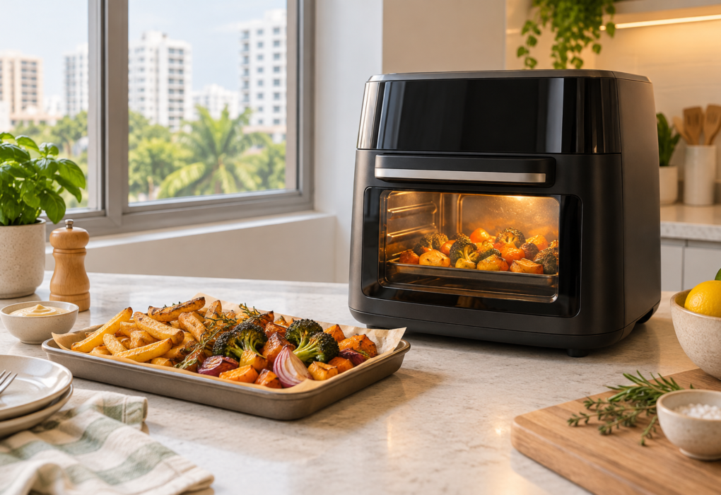 Air fryer oven with roasted vegetables in a Singapore kitchen