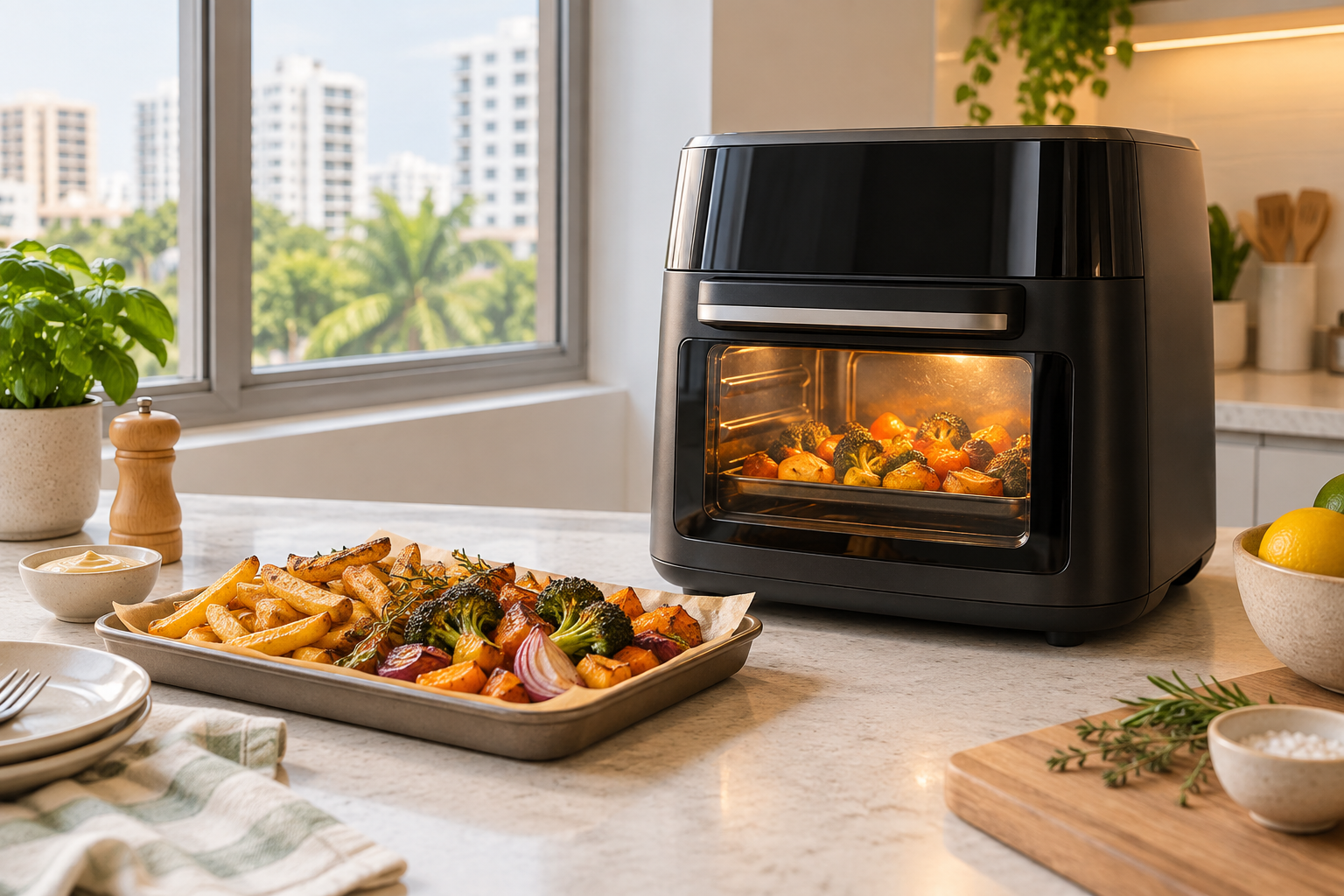 Air fryer oven with roasted vegetables in a Singapore kitchen