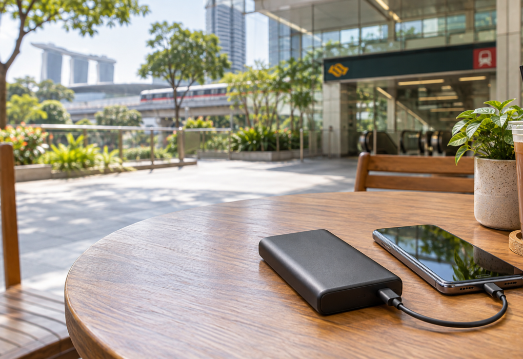 A black power bank beside a smartphone near a Singapore MRT station