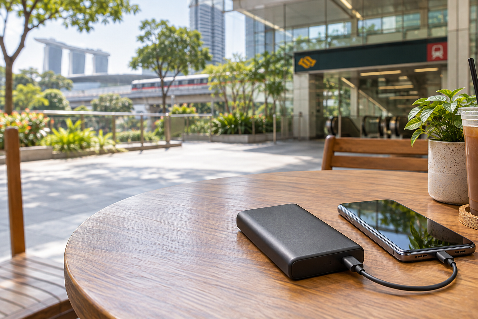 A black power bank beside a smartphone near a Singapore MRT station