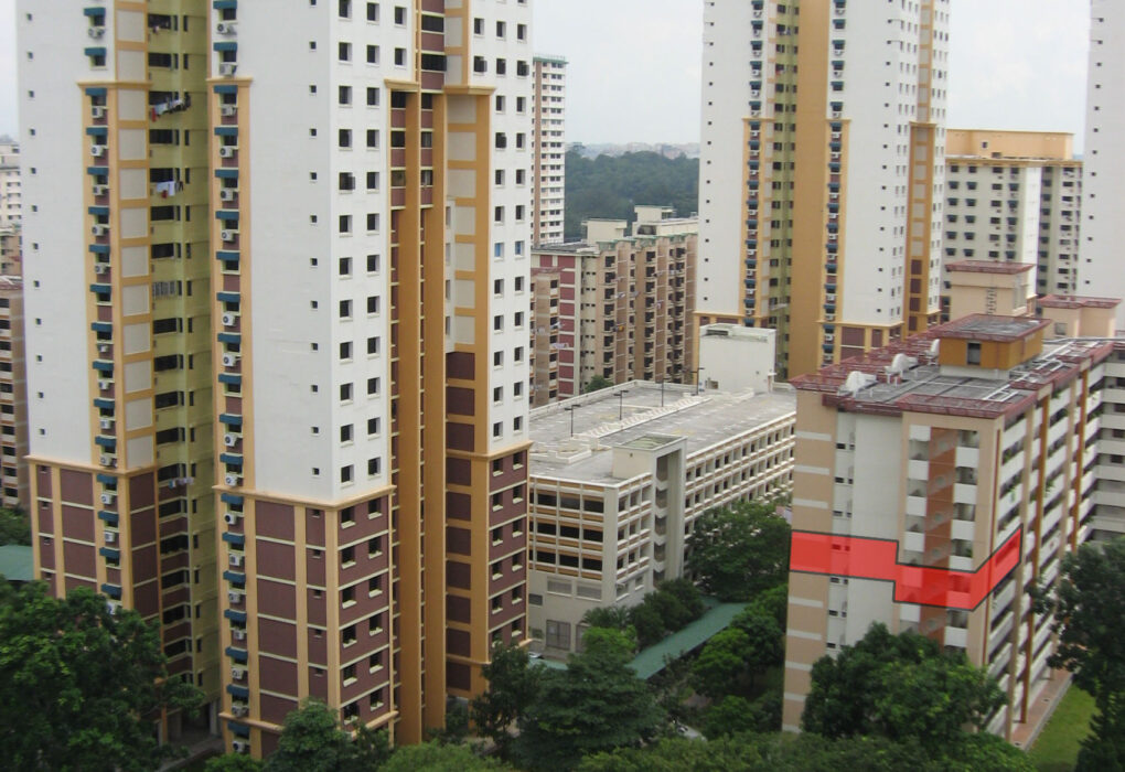 Block 12, Toa Payoh Lorong 7, at right, with the former flat location marked in red by the photographer, in November 2008.