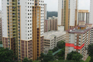 Block 12, Toa Payoh Lorong 7, at right, with the former flat location marked in red by the photographer, in November 2008.