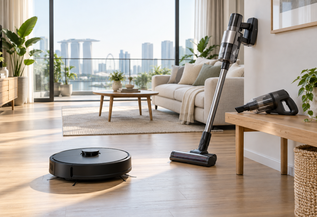 Robot, cordless and handheld vacuum cleaners in a bright Singapore home