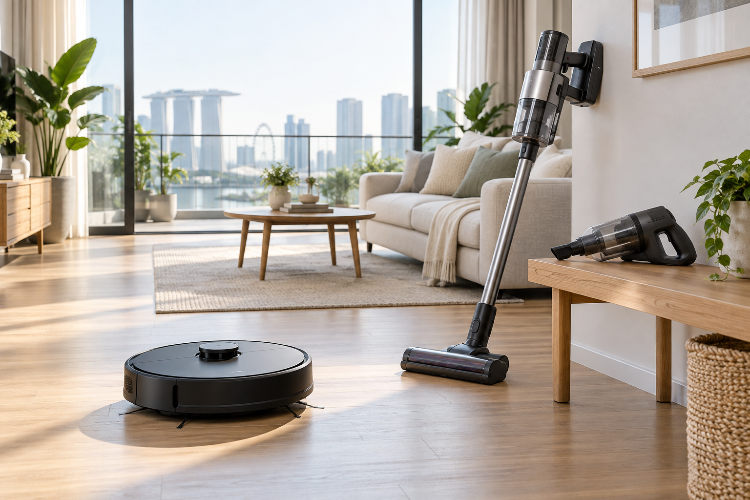 Robot, cordless and handheld vacuum cleaners in a bright Singapore home