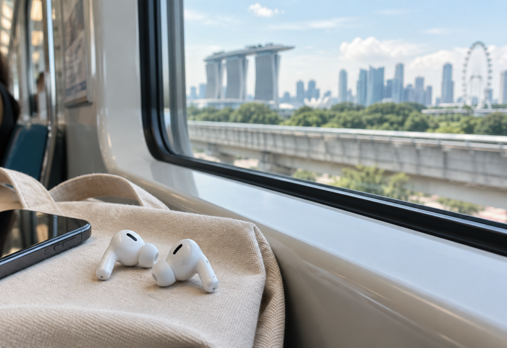 Wireless earbuds on a Singapore MRT commute