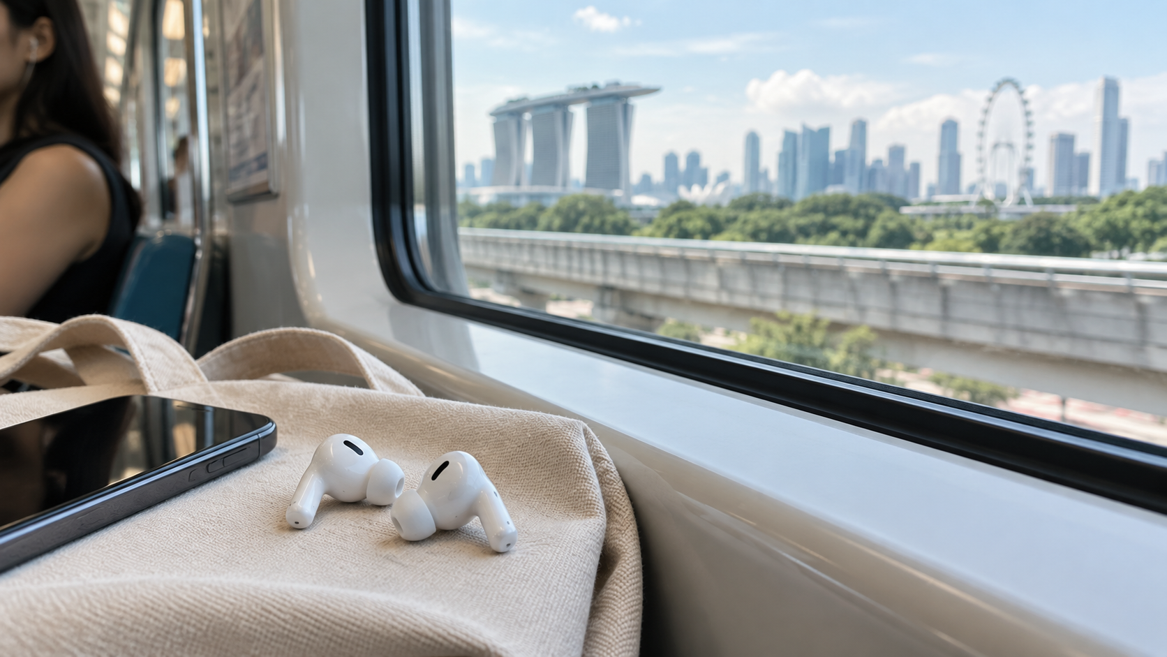 Wireless earbuds on a Singapore MRT commute