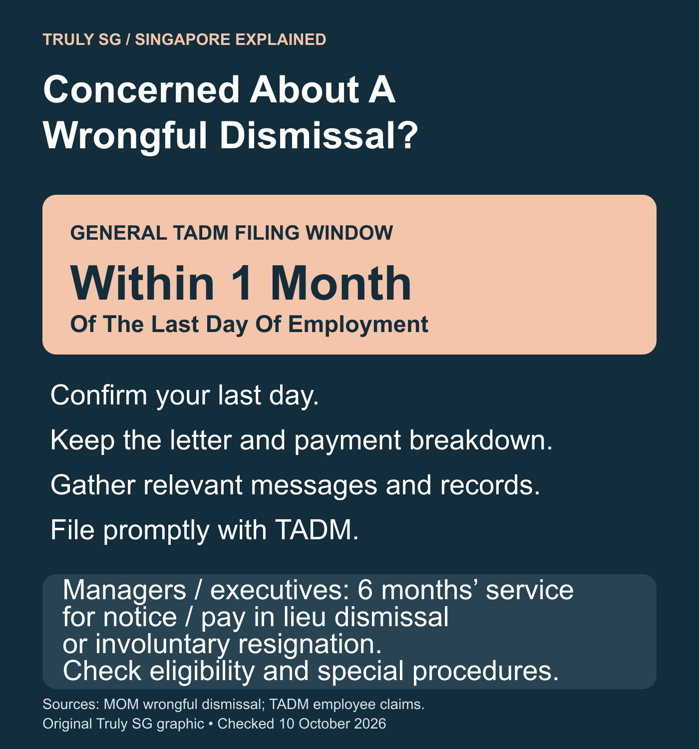 General wrongful dismissal claim timeline: file with TADM within one month of employment ending. Managers and executives need six months of service for dismissal with notice or pay in lieu, or involuntary resignation. Check special procedures.