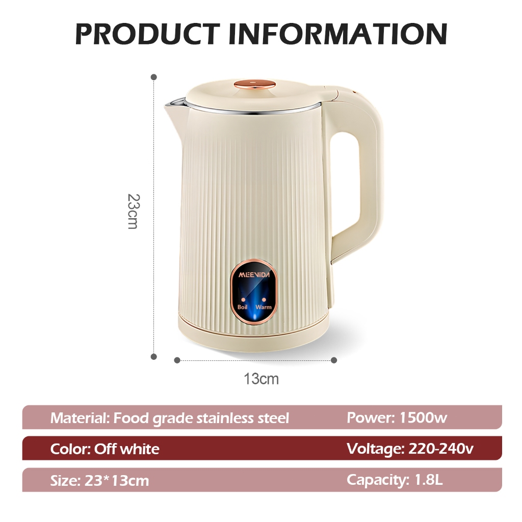 MEEVIDA kettle capacity, colour and product dimensions