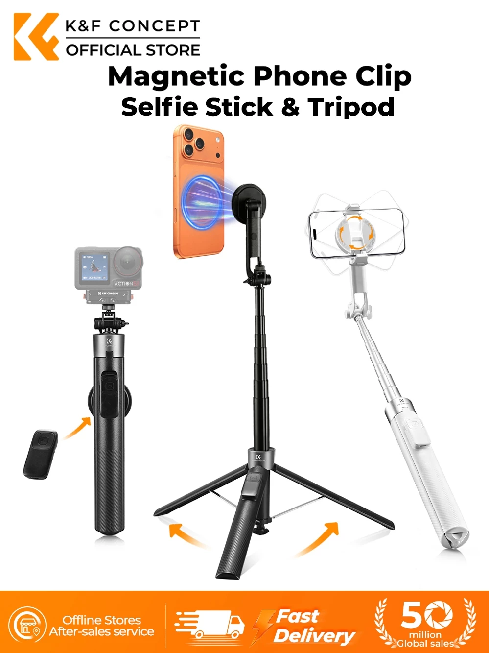 K&F CONCEPT MS-52 magnetic selfie stick and tripod in black and white