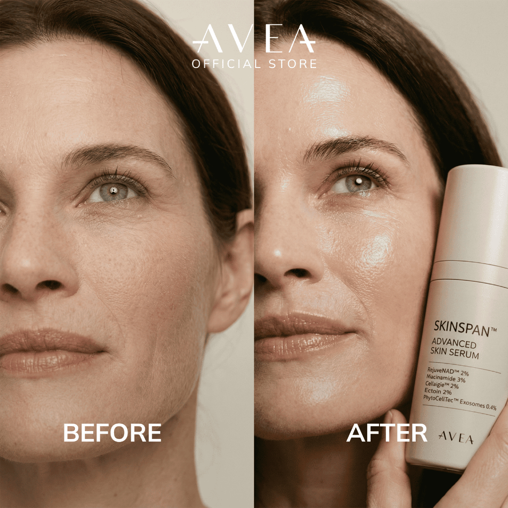 Seller before-and-after illustration for AVEA SkinSpan serum